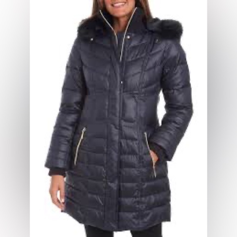 Kensie Quilted Faux Fur Hoodie Puffer Jacket Size Medium NWT Navy - Picture 11 of 12